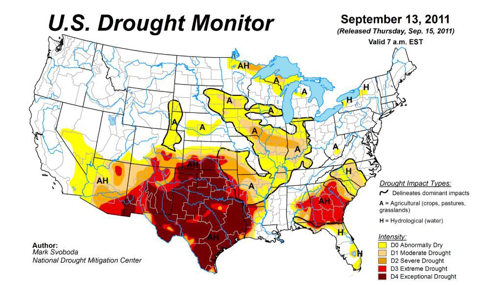 Drought Monitor showing Exceptional Drought in September of 2011